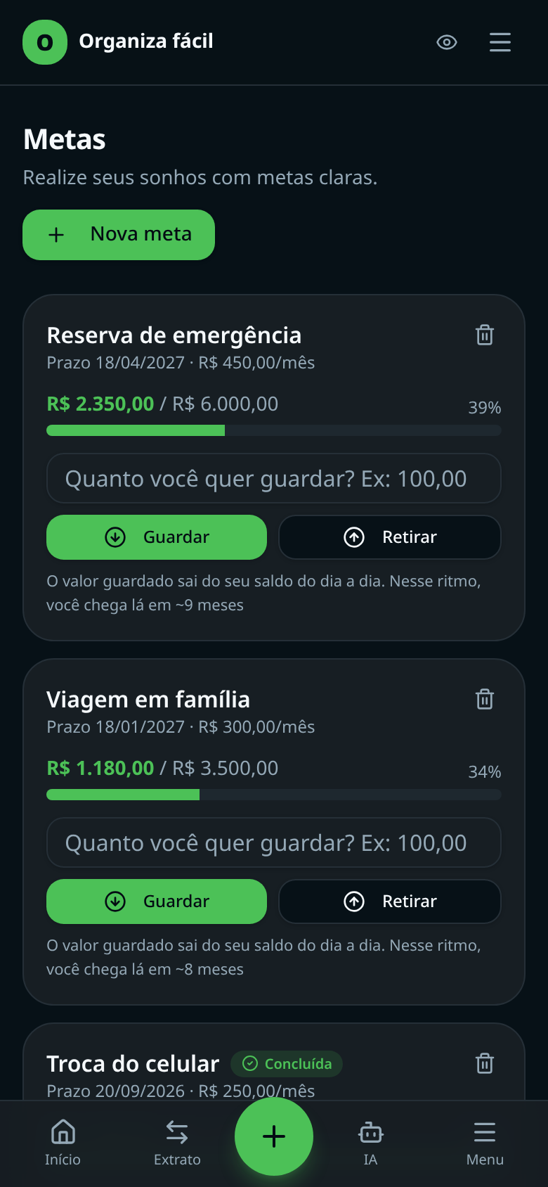 Tela de Metas do Organiza Fácil no celular